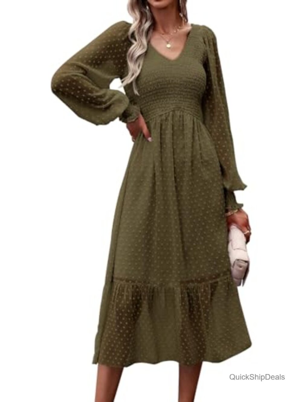 Swiss Dot V Neck Long Sleeve Smocked Chiffon Midi Dress Ruffle